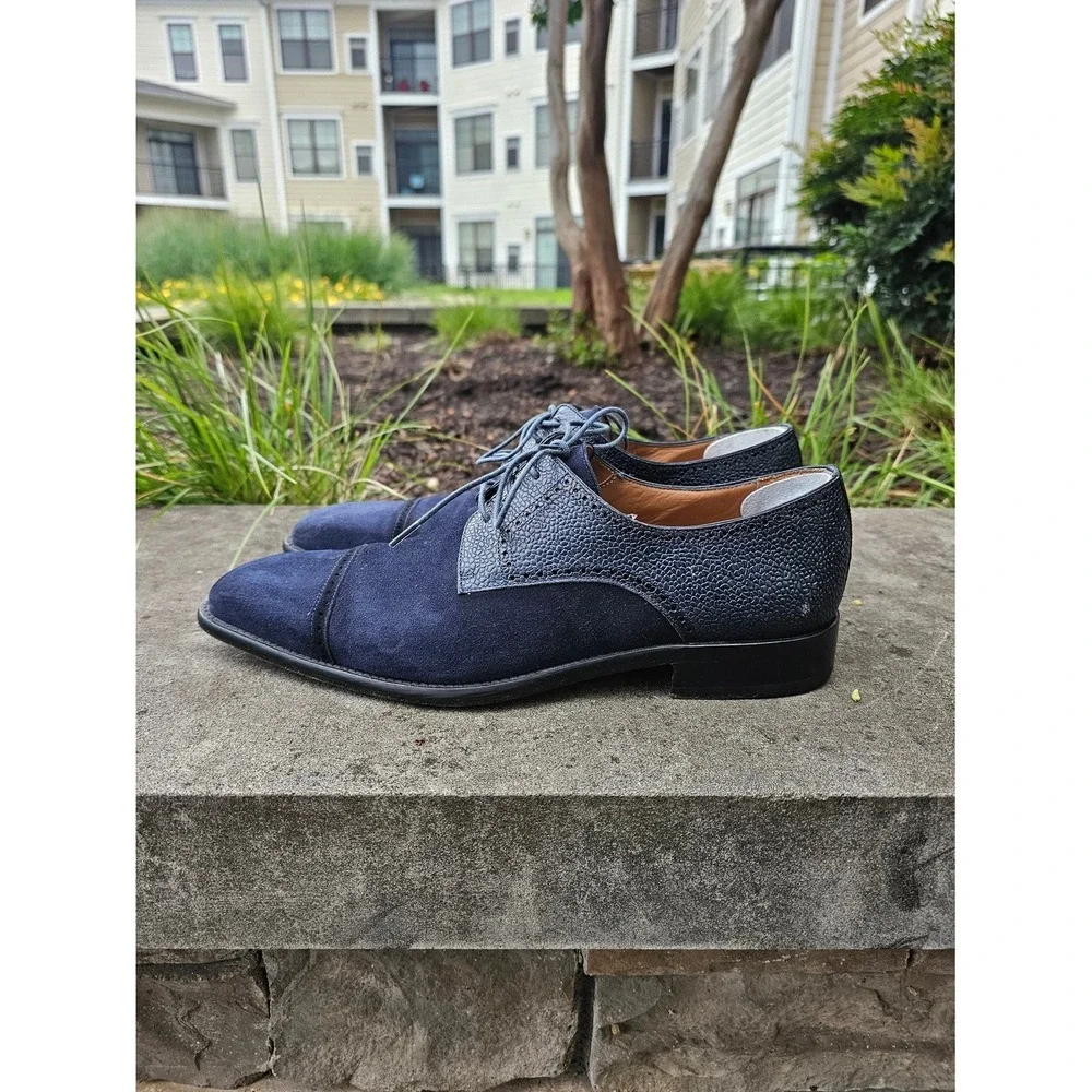 Mezlan Janus Oxford Mens 9 Navy Blue Suede Pebbled Leather Cap Toe Dress Shoes ~